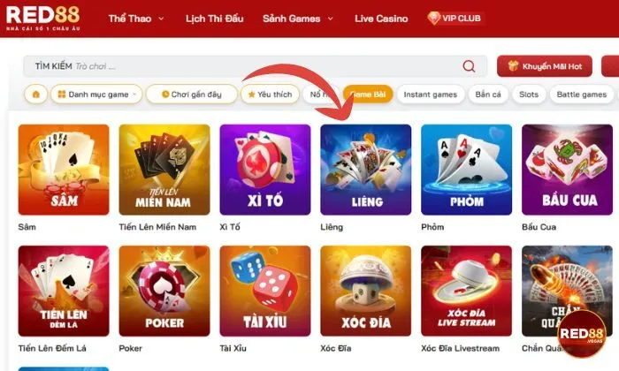 Tìm game Liêng Red88 ở Sảnh game sau đó chọn mục Game bài