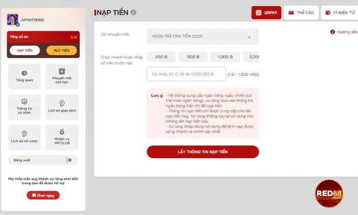 Nạp tiền Red88 qua QRPAY với thông tin xác thực